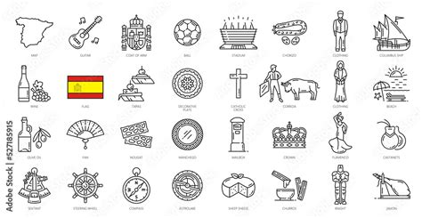 Spain outline icons. European culture and history symbols, Spain food ...