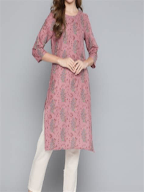 Buy Hereandnow Women Dusty Pink And Green Ethnic Motifs Print Kurta