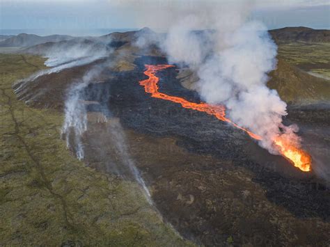 Aerial View Of Litli Hrutur Little Ram Volcano During An Eruption On Fagradalsfjall Volcanic