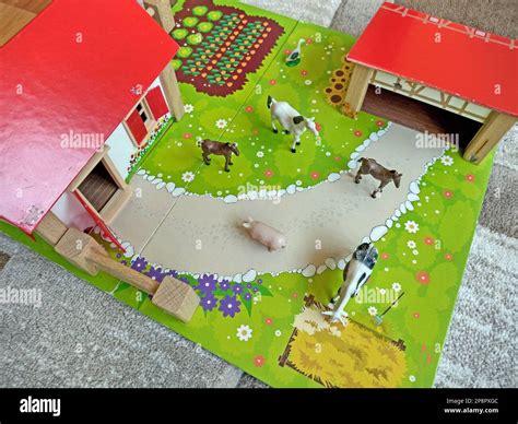 Toy Farm With Animals And Buildings Stock Photo Alamy