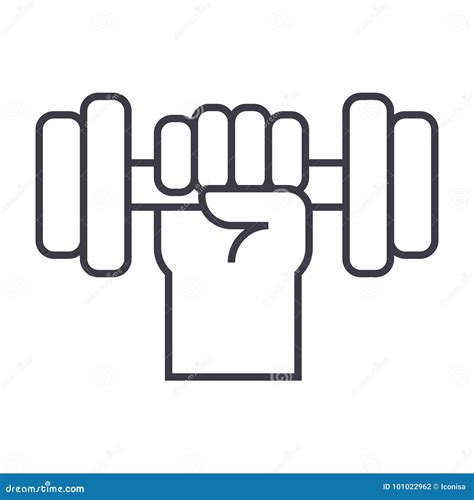 Strong Hand With Dumbbell Vector Line Icon Sign Illustration On