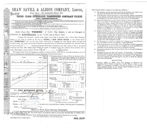 Grannies Shipping Ticket From London To Sydney Australia Shaw