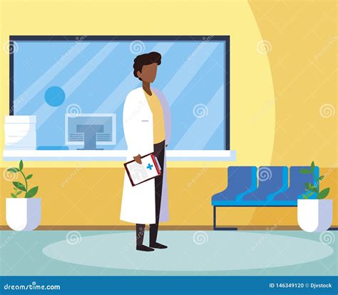 Afro Male Medicine Worker In Clinic Reception Stock Illustration Illustration Of Specialist