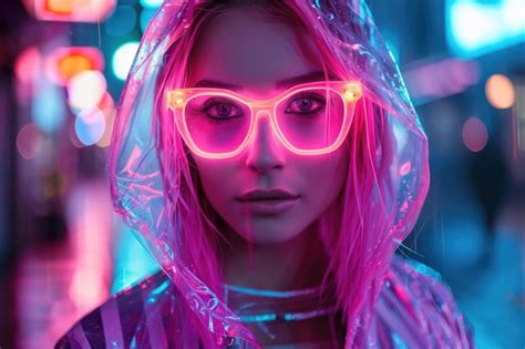 Premium Photo Pink Haired Cyberpunk Woman In Neon Glasses And Raincoat