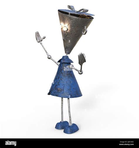 3D-illustration of a cute and funny cartoon robot made from scrap metal ...