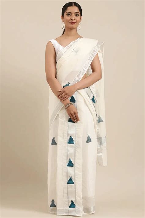 Off White Cotton Kerala Kasavu Saree