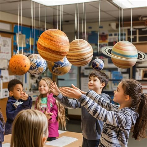 Students With A Solar System Diorama In The Classroom Premium AI