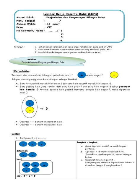 Lkpd Operasi Penjumlahan Bilangan Bulat Worksheet Riset