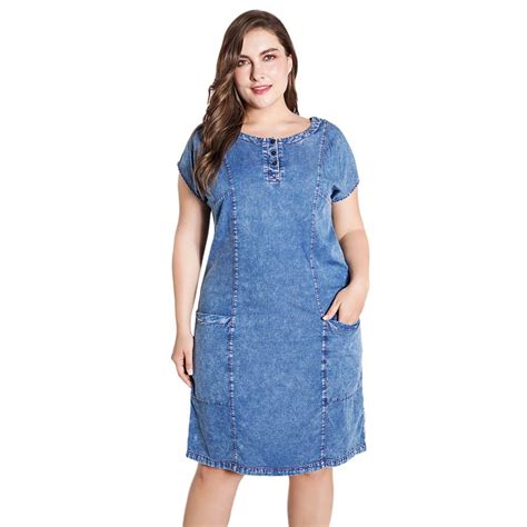 Round Collar Short Sleeve Pocket Plus Size Women Denim Dress Denim