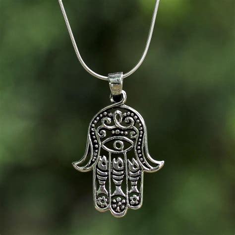 Handcrafted Thai Sterling Silver Hamsa Pendant Necklace Hamsa Charm