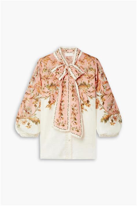 Zimmermann Chintz Pussy Bow Floral Print Embroidered Ramie Blouse The