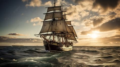 An Old Sailing Ship On A Beautiful Sunset Background Pictures Of