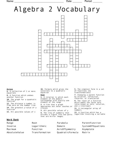 Algebra 2 Vocabulary Crossword Wordmint Worksheets Library