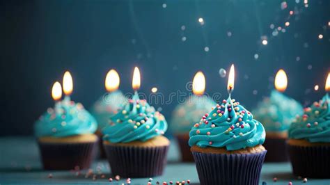 Cupcakes With Buttercream Frosting And Colored Sprinkles On Blue