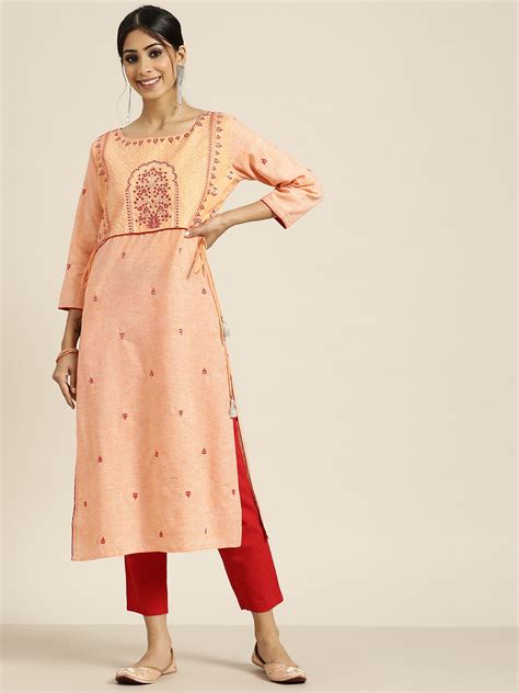 Buy Sangria Peach Coloured Floral Yoke Design Pure Cotton Kurta