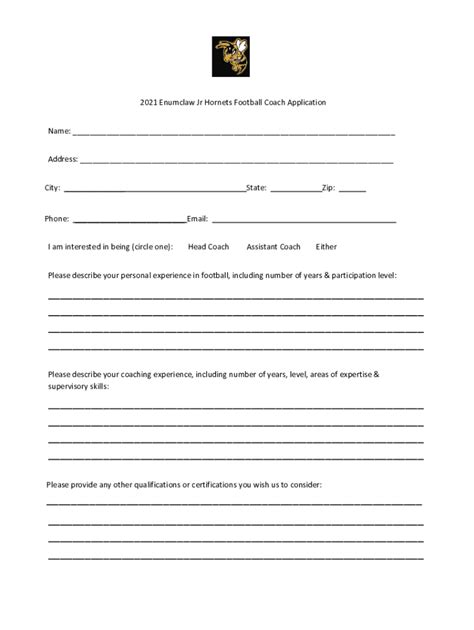 Fillable Online 2021 Enumclaw Jr Hornets Football Coach Application