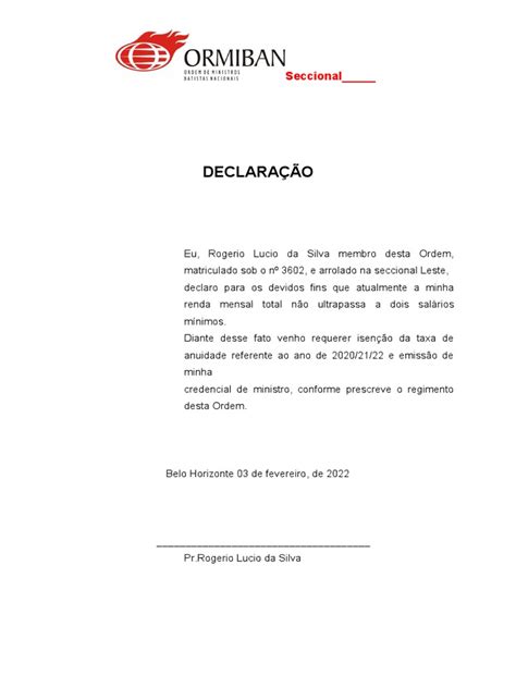 Modelo De DeclaraÇÃo De IsenÇÃo Em Word Pdf