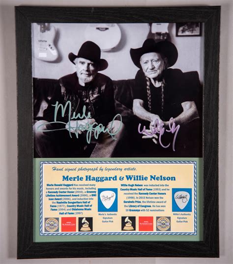 Lot - Merle Haggard & Willie Nelson Signed Photo/ Two Picks. 11x14 inches