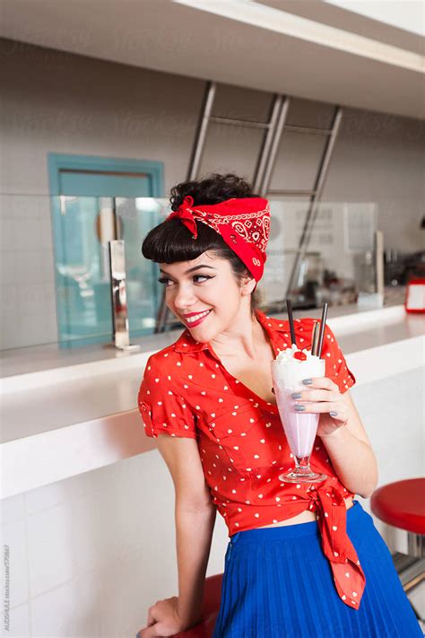 "Handsome Female In Stylish Retro Outfit With Milkshake At Diner Restaurant." by Stocksy ...