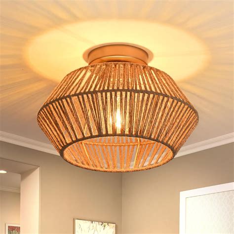 Woknos Rattan Semi Flush Mount Ceiling Light Gold Rope Cage Boho Light