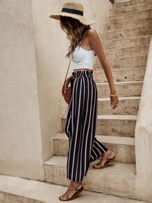 SHEIN VCAY Striped Tie Paperbag Waist Wide Leg Pants SHEIN USA