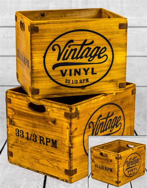 Set Of Antiqued Wooden Vintage Vinyl Lp Record Storage Boxes