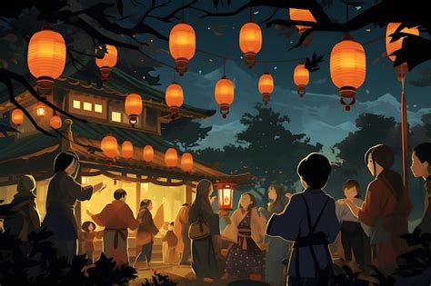 Premium AI Image | An illustration featuring a Japanese Halloween festival called Obon where ...