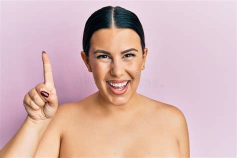 Beautiful Brunette Woman Standing Topless Showing Skin Smiling With An Idea Or Question Pointing