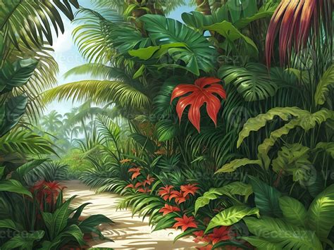 Jungle on a sunny day Beautiful tropical forest with plants flowers ...