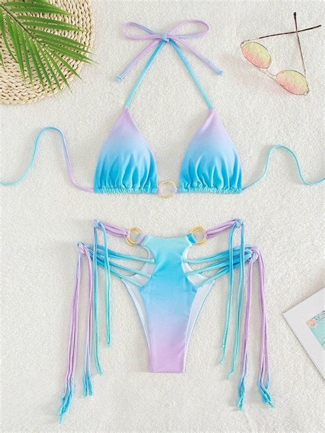 Emmiol Free Shipping Printed O Ring String Bikini Set Purple M In