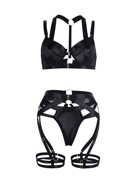 Snapklik Sexy Strappy Underwire Push Up Garter Belt Women Lingerie Set Harness Cutout