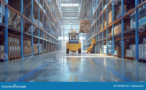 Forklift Truck Works In Warehouse Shelves Full Of Boxes And Products