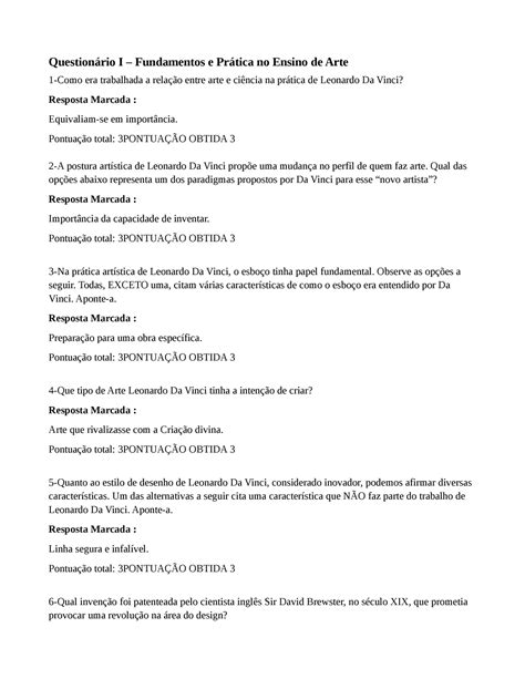 Question Rio I Fundamentos E Pr Tica No Ensino De Arte Pontua O