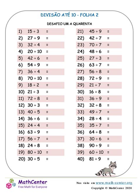 Terceiro Ano Planilhas Divisão Mental de Um Dígito Math Center