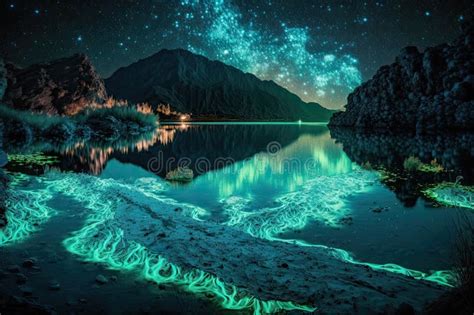 Landscape Bioluminescence Glowing Plankton in Water Fantasy Stock Image ...