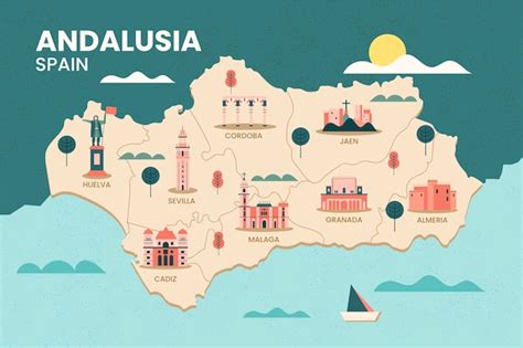 Andalucía españa mapa con hito Vector Gratis