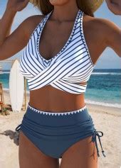 High Waisted Striped Dusty Blue Bikini Set Modlily Usd