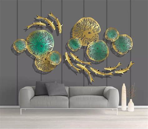 3D Ironwork Lotus Fish Golden Lotus Leaf Wallpaper In 2022 Leaf