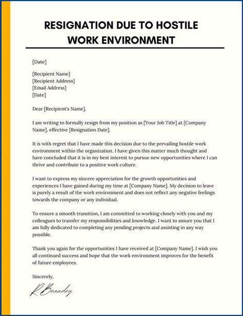 Resignation Letter Template For Hostile Work Environment