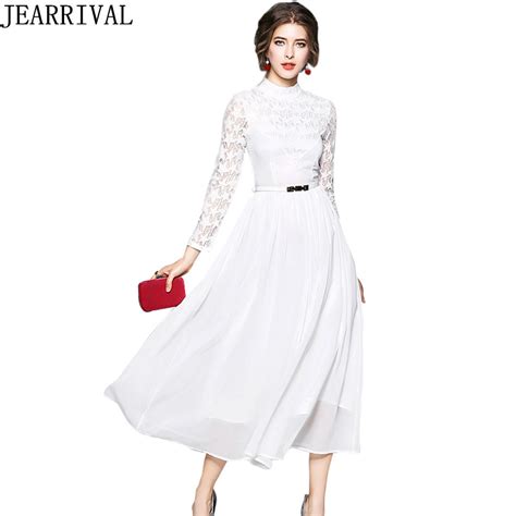 White Long Chiffon Dresses 2018 New Spring Fashion Women Elegant Lace Patchwork Ball Gown Casual