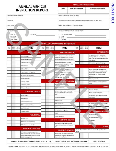 DOT Annual Vehicle Inspection Form For 49 CFR Part Through 48 OFF