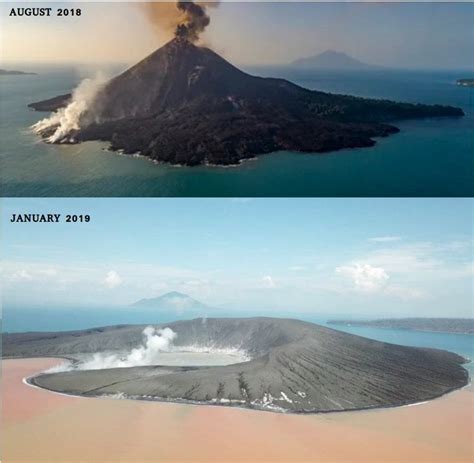 The Anak Krakatau volcano, before and after the explosion which caused ...