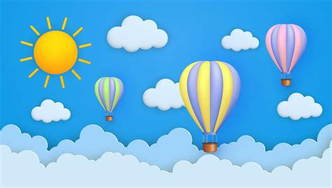 Cute Background With 3d Hot Air Balloons Clouds On A Blue Sky Paper