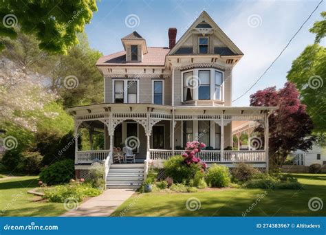 Victorian House with Wrap-around Porch and Swing, on a Sunny Day Stock ...