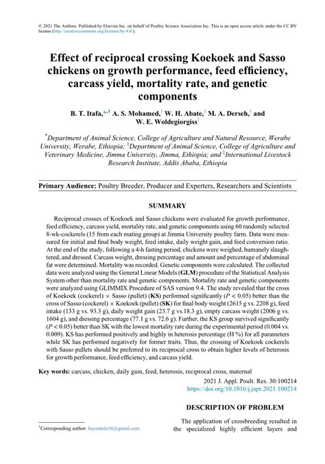 Pdf Effect Of Reciprocal Crossing Koekoek And Sasso Chickens On Growth Performance Feed