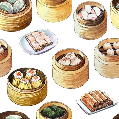 Watercolor Seamless Pattern With Chinese Food Dim Sum Premium Photo