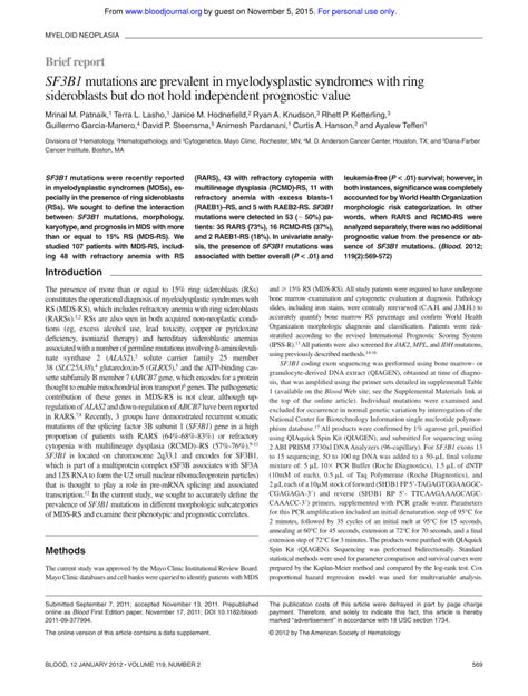 Pdf Sf3b1 Mutations Are Prevalent In Myelodysplastic Syndromes With