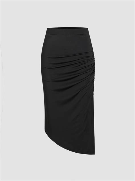 Knit Fabric Solid Ruched Slit Midi Skirt For Daily Casual