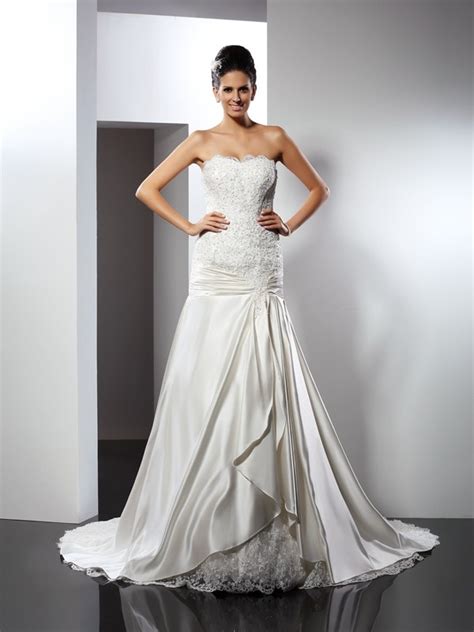 Trumpet Mermaid Sweetheart Applique Sleeveless Long Satin Wedding