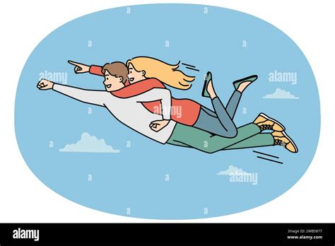 Smiling Courageous Man As Superhero With Woman On Back Flying In Air